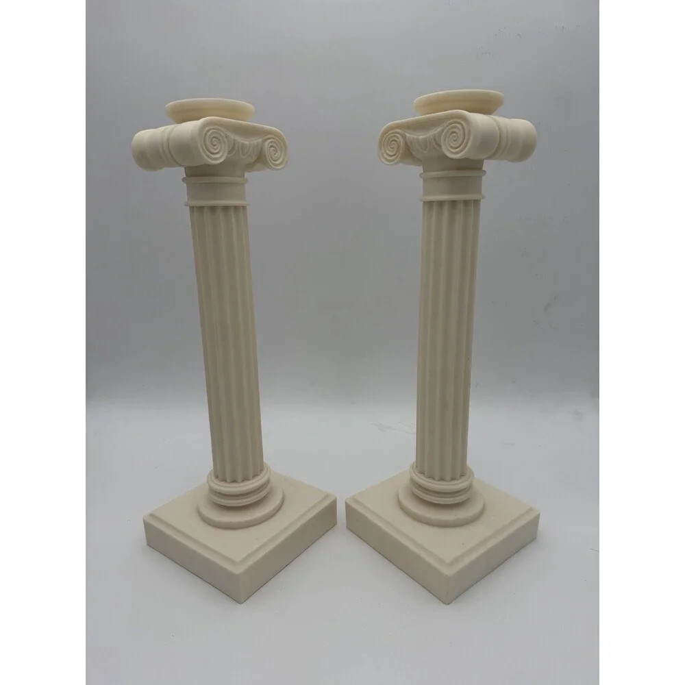 2 Alabaster Carved Roman Columns Corinthian Sculpture Candle Holders 15.5”x5”